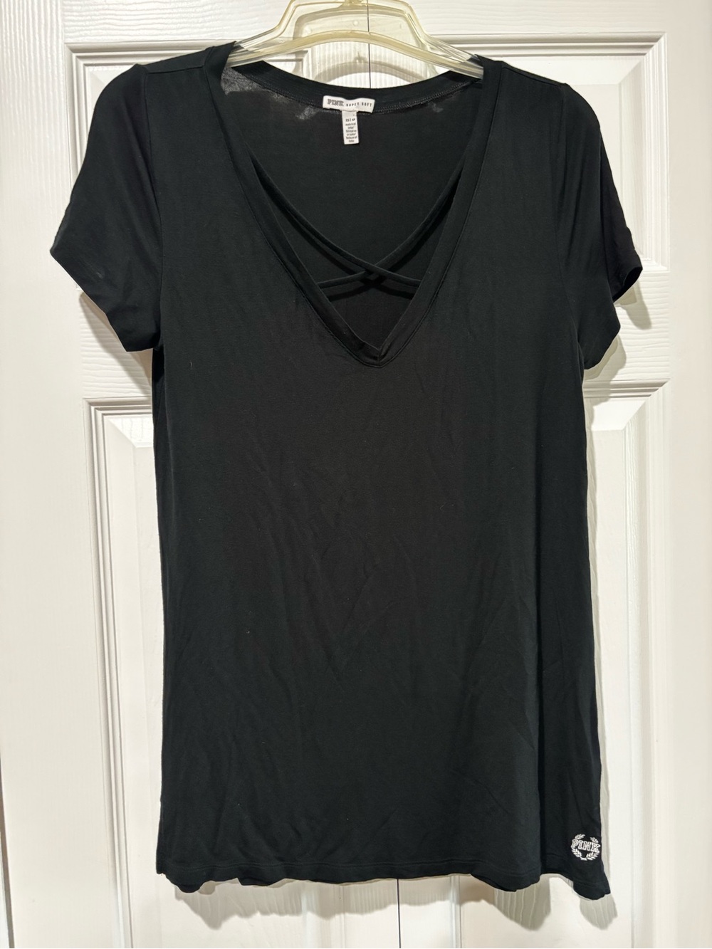 PINK Victoria's Secret Black Short Sleeve V-Neck Tee with Crisscross Straps